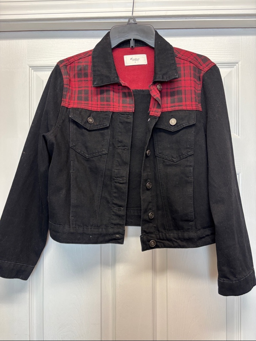 Kancan Black Denim Jacket with Red Plaid Yoke Size Medium